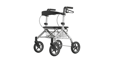 Fototapeta premium Silver Three Wheeled Rollator with Black Padded Seat and Handle Grips on Transparent Background for Mobility Support and Assistance in Studio Lighting