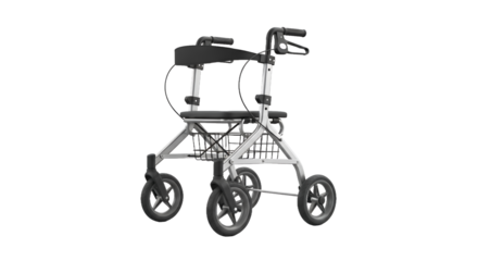 Silver Three Wheeled Rollator with Black Padded Seat and Handle Grips on Transparent Background for Mobility Support and Assistance in Studio Lighting