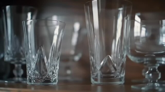 Close-up of several clear glass drinking vessels