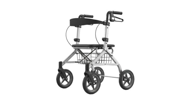 Silver Three Wheeled Rollator with Black Padded Seat and Handle Grips on Transparent Background for Mobility Support and Assistance in Studio Lighting