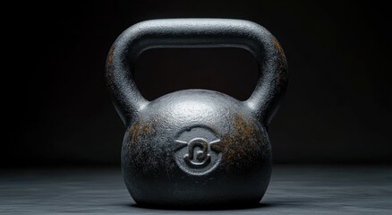 Close-up of a heavy, textured black metal kettlebell with some rust spots on a dark surface and background, symbolizing strength and fitness