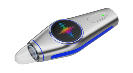 Sleek Silver and Blue Device with Transparent Tip Featuring a Vibrant Colorful Audio Waveform Display with Clean Lines and Minimalist Aesthetic on a Transparent Background