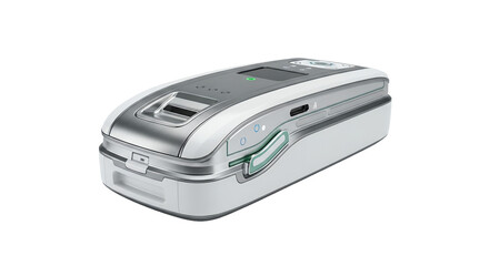 Sleek Silver and White Electronic Device with Minimalist Design Displayed on White Background Featuring Streamlined Look Clean Lines and Green Indicator Lights Modern Technology