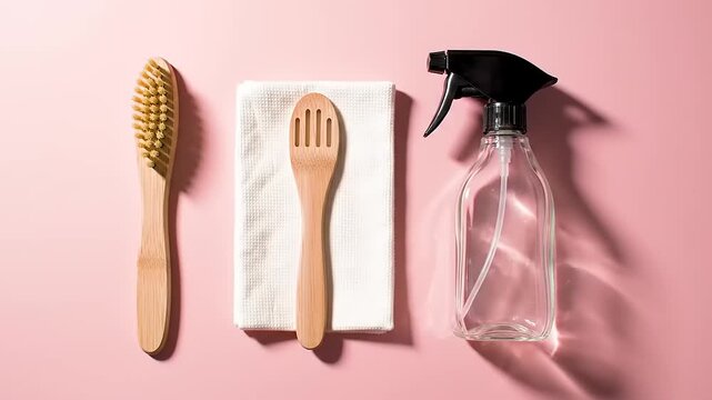 Natural cleaning essentials on a pink background.  A bamboo brush, a slotted wooden spoon, and a clear spray bottle rest on a soft pink surface