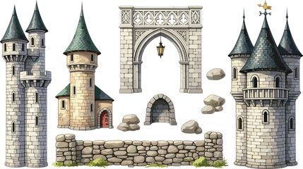 Set of different castle towers, element big bridge, tree and plants. Watercolor collection for your design, fantasy isolated illustration for design cover books or wallpapers. © scar
