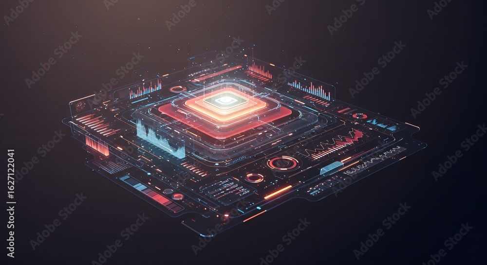 Poster futuristic glowing data core with information display panel technology