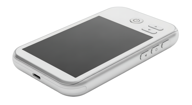 Sleek White Portable Media Player with Dark Screen Against Transparent Background and User Interface Elements Digital Gadget