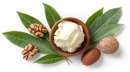 Shea Butter and Nuts with Green Leaves on White