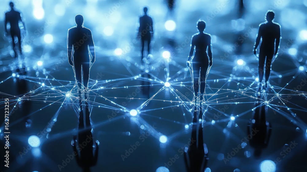 Poster silhouettes of human figures connected by glowing network lines and nodes on a reflective surface, e