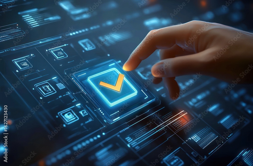 Poster close-up of a human hand interacting with a futuristic digital interface featuring a glowing checkma
