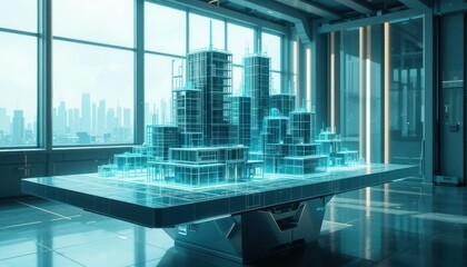 Fototapeta premium Futuristic Cityscape Hologram on Interactive Table