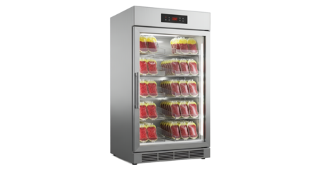 Stainless Steel Refrigerator with Transparent Red Liquid Bags Isolated on a Transparent Background