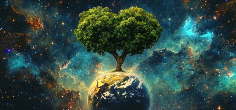 A large green tree growing from the top of a realistic Earth globe with a cosmic galaxy background filled with stars and colorful nebula clouds, conveying growth and connection with space - Powered by Adobe