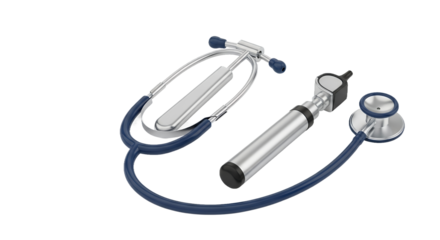 Stethoscope and Otoscope Medical Instruments on Transparent Background Featuring Blue Tubing and Silver Metallic Finish for Healthcare Visuals