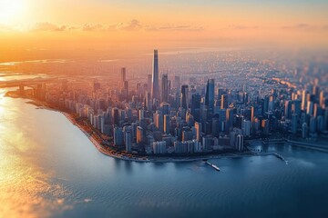 Fototapeta premium Aerial view of a modern city skyline at sunset with a tall central skyscraper surrounded by numerous high-rise buildings along a waterfront
