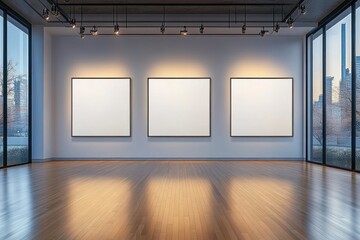 Modern art gallery interior with three large blank square canvases on white wall, wooden floor, and large floor-to-ceiling windows offering city view under soft lighting
