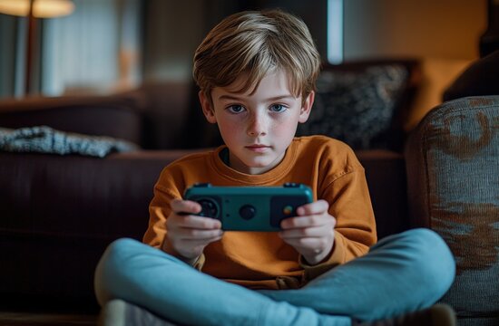 Focused young boy sitting cross-legged on a sofa playing with a handheld game console indoors in a cozy living room