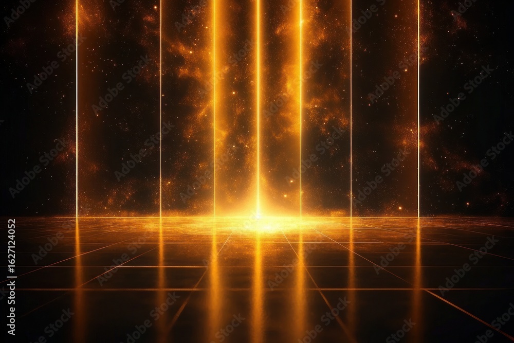 Poster glowing vertical beams of golden light with sparkling particles illuminating a dark grid floor, crea