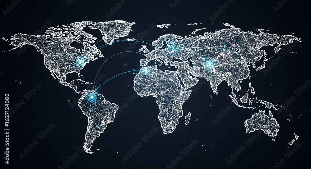 Poster futuristic global communication network connection system world map geography abstract