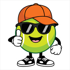 Vector illustration of tennis ball faceless cartoon mascot with hat sunglasses and thumb up isolated on white ideal for sports and playful themed projects
