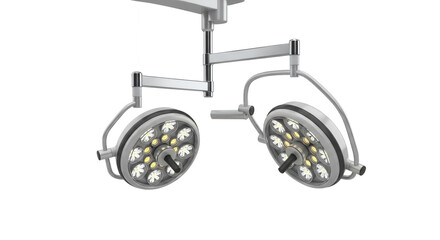 Studio Shot of Two Silver Surgical Lights on White Background Medical Lighting Equipment for Operating Room Healthcare and Surgery