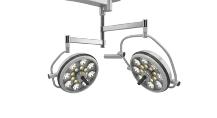 Studio Shot of Two Silver Surgical Lights on White Background Medical Lighting Equipment for Operating Room Healthcare and Surgery