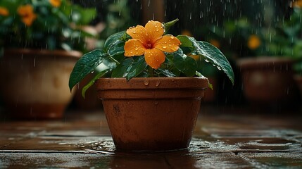 Rain-Kissed Orange Flower in Terracotta Pot, Lush Greenery, Atmospheric Scene.