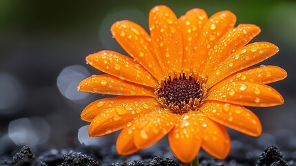 Glistening Orange Daisy Covered in Dewdrops Against a Dark, Moody Background