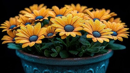 Luminous Golden Daisies with Blue Eyes, Glistening in a Teal Pot