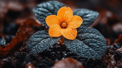 Glistening Orange Jewel: A Dew-Covered Flower on Dark, Textured Leaves