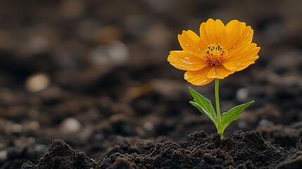 Vibrant Orange Cosmos Flower Emerging from Dark Soil: A Macro Shot