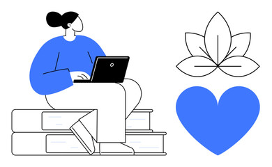 Woman using laptop while sitting on stacked books, accompanied by a blue heart and lotus symbol. Ideal for education, work-life balance, wellness, learning, self-care, productivity, simple landing