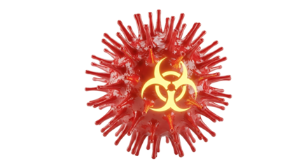 Stylized Red Coronavirus Particle with Yellow Biohazard Symbol in Transparent Background Detailed 3D Render Showing Threat of Viral Infection and Pandemic Potential for Scientific Research