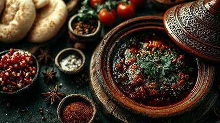 Hearty Moroccan Tagine Stew in Ornate Clay Pot with Aromatic Spices