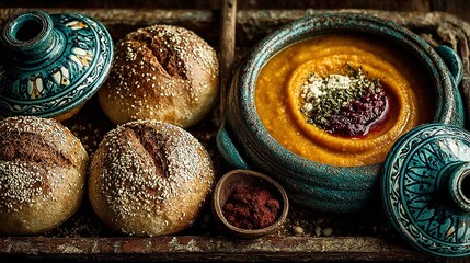 Vibrant Butternut Squash Soup in Rustic Teal Bowl with Sesame Bread and Exotic Spices