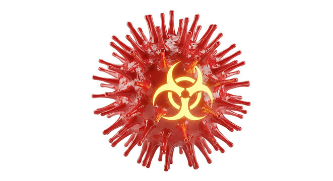 Stylized Red Coronavirus Particle with Yellow Biohazard Symbol in Transparent Background Detailed 3D Render Showing Threat of Viral Infection and Pandemic Potential for Scientific Research