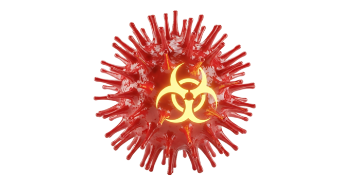 Stylized Red Coronavirus Particle with Yellow Biohazard Symbol in Transparent Background Detailed 3D Render Showing Threat of Viral Infection and Pandemic Potential for Scientific Research