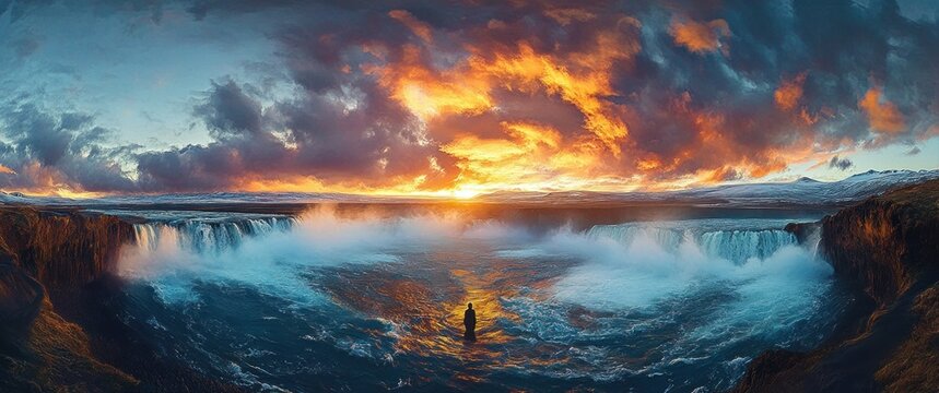 Solitary figure standing in turbulent waters beneath a dramatic fiery sunset sky with cascading waterfalls on both sides - Powered by Adobe
