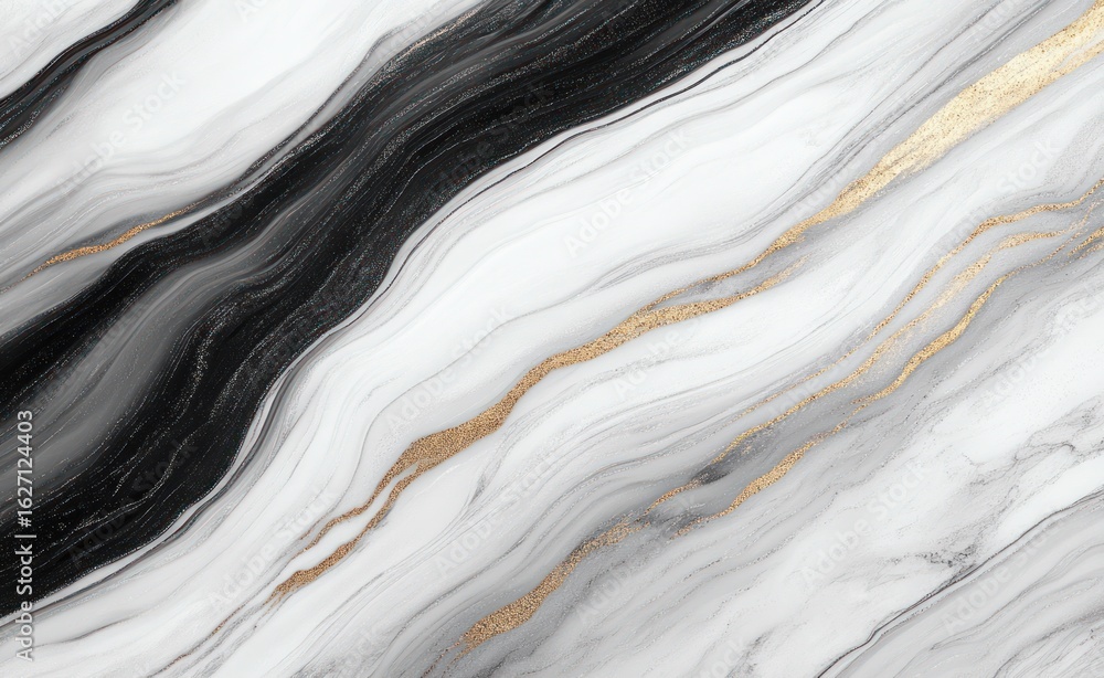 Poster abstract flowing marble texture with black, white, gray, and gold streaks creating a smooth and eleg
