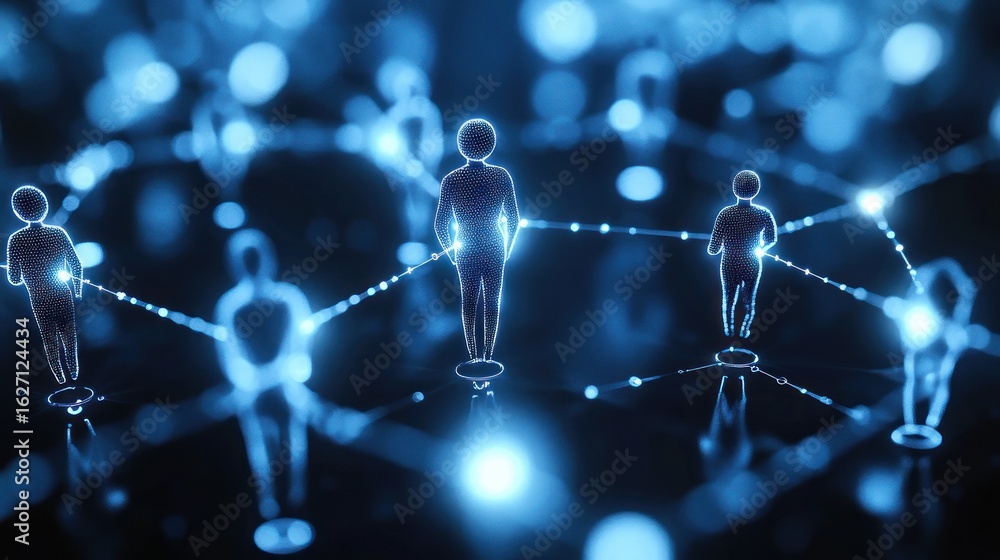 Poster glowing digital human figures connected by luminous lines representing a network in a dark space wit