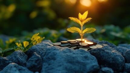 Plant Sprout Growing from Coins on Rocks