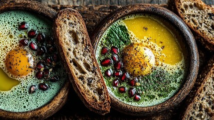 Artisanal Poached Eggs in Foamy Herb Broth with Pomegranate and Rustic Toast