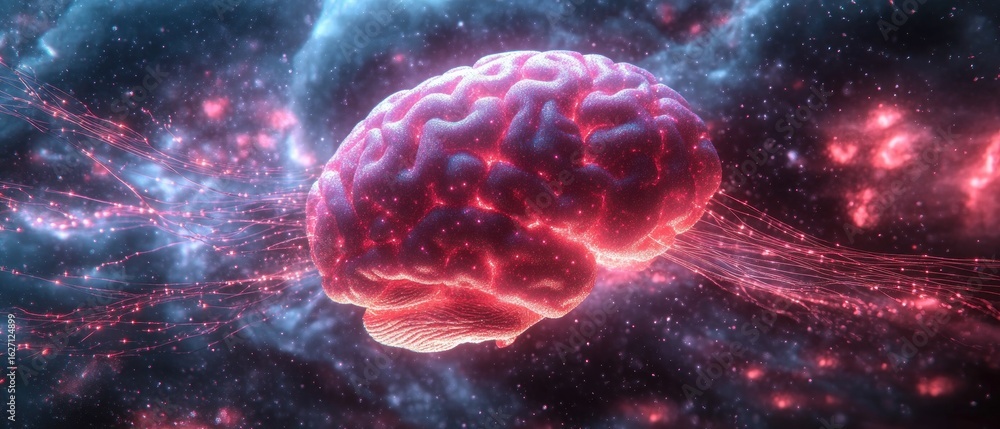 Poster glowing pink brain surrounded by dynamic neural-like light streams in a cosmic, starry space environ
