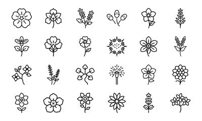 Black and White Botanical Flower Icon Set – Minimalistic Hand-Drawn Floral Line Art for Nature, Garden, and Organic Design Projects.eps