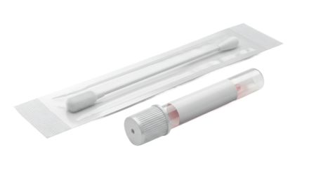 Swab and Capped Test Tube in Package Medical Equipment on Transparent Background for Diagnostic and Healthcare Applications in Clean White and Transparent Material