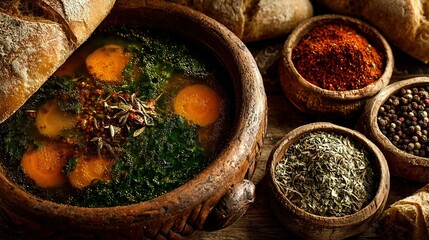 Rustic Earthenware Bowl of Hearty Vegetable Soup with Aromatic Spices and Crusty Bread.