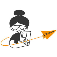 doodle cartoon cute woman with mobile phone and paper airplane flying around it