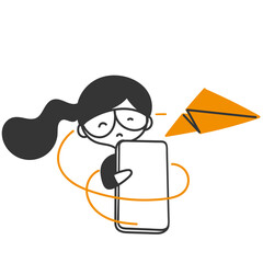 doodle cartoon cute woman with mobile phone and paper airplane flying around it