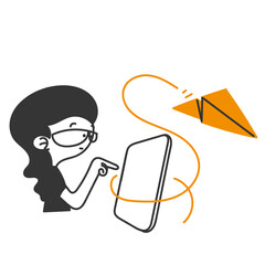 doodle cartoon cute woman with mobile phone and paper airplane flying around it