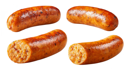 Sizzling sausages, four grilled sausages on a black background culinary delight